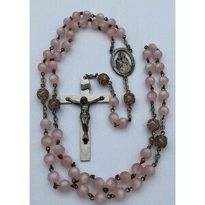 Vintage Our Lady of the Snows Pink Glass Beads Rosary Christianity